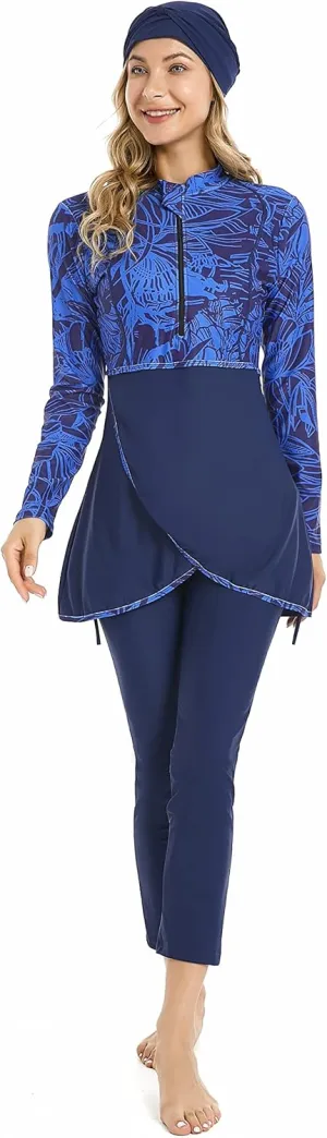 Modest Muslim Swimwear Full Coverage Islamic Burkini Set Long Sleeve Swimsuits with Hijab and Pants for Women