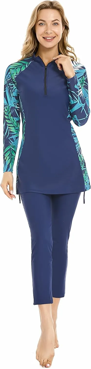 Modest Muslim Swimwear Full Coverage Islamic Burkini Set Long Sleeve Swimsuits with Hijab and Pants for Women