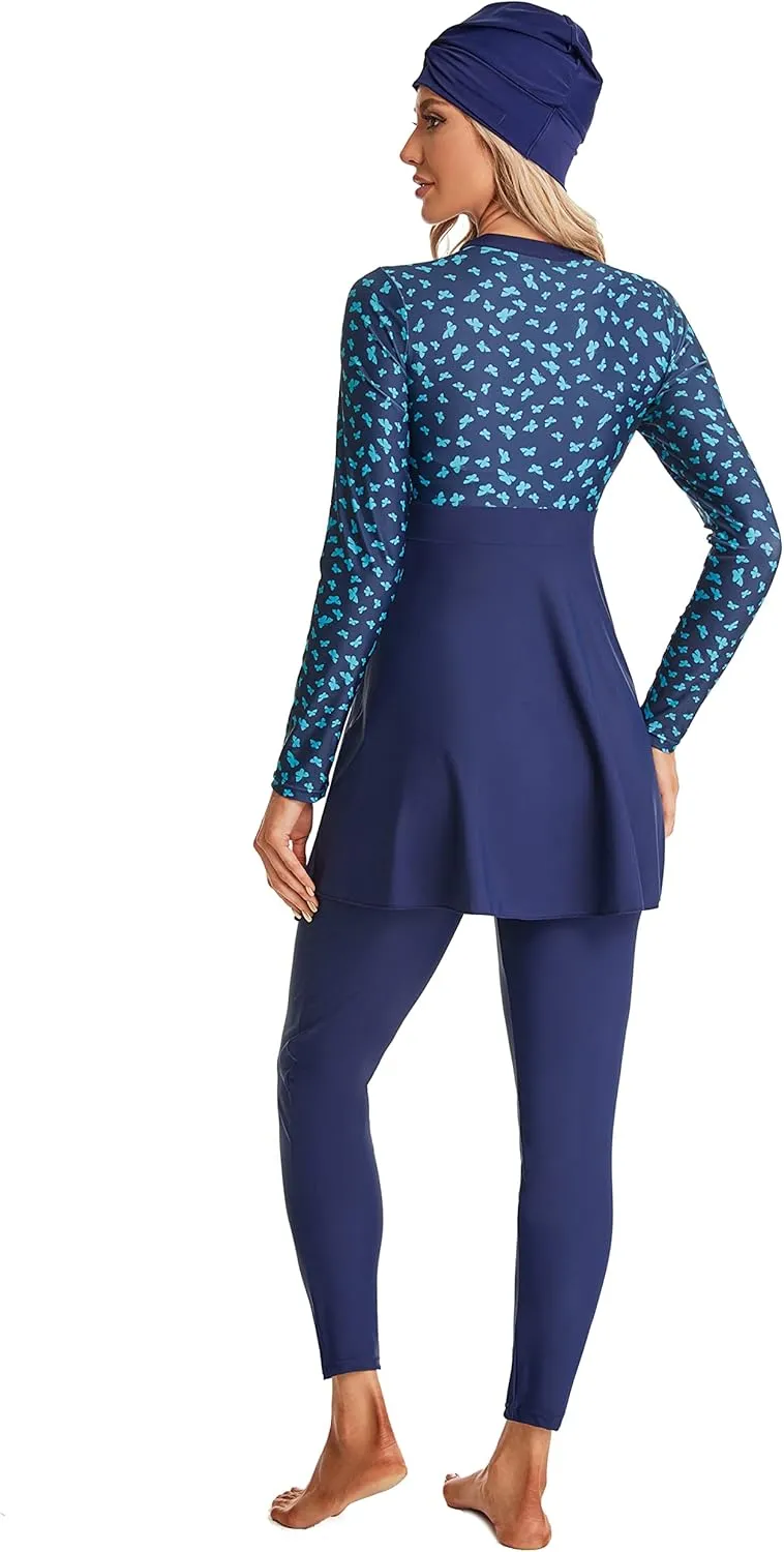Modest Muslim Swimwear Full Coverage Islamic Burkini Set Long Sleeve Swimsuits with Hijab and Pants for Women