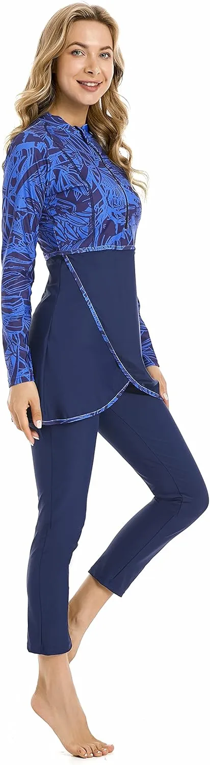 Modest Muslim Swimwear Full Coverage Islamic Burkini Set Long Sleeve Swimsuits with Hijab and Pants for Women
