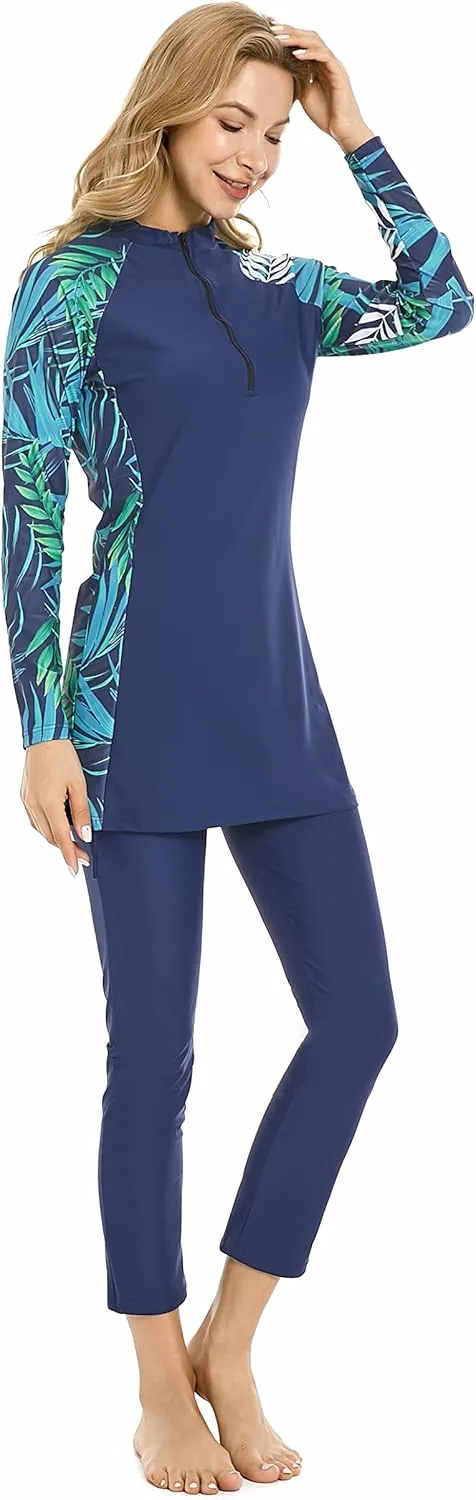 Modest Muslim Swimwear Full Coverage Islamic Burkini Set Long Sleeve Swimsuits with Hijab and Pants for Women