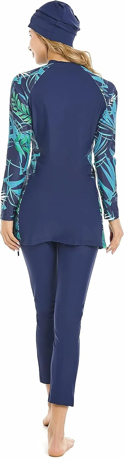Modest Muslim Swimwear Full Coverage Islamic Burkini Set Long Sleeve Swimsuits with Hijab and Pants for Women
