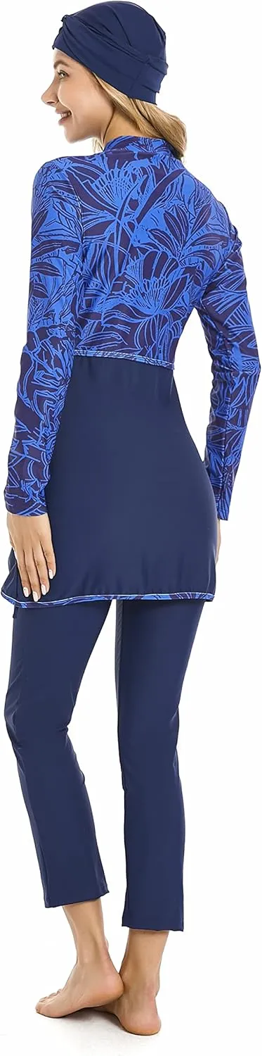 Modest Muslim Swimwear Full Coverage Islamic Burkini Set Long Sleeve Swimsuits with Hijab and Pants for Women
