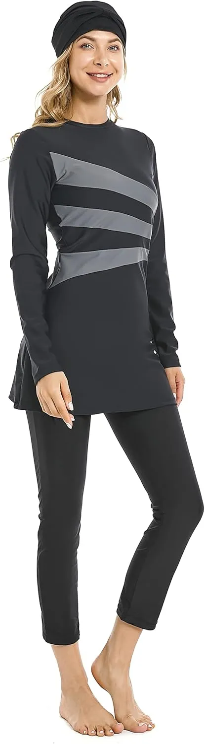 Modest Muslim Swimwear Full Coverage Islamic Burkini Set Long Sleeve Swimsuits with Hijab and Pants for Women