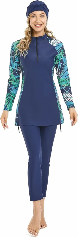 Modest Muslim Swimwear Full Coverage Islamic Burkini Set Long Sleeve Swimsuits with Hijab and Pants for Women