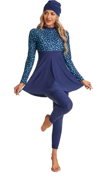 Modest Muslim Swimwear Full Coverage Islamic Burkini Set Long Sleeve Swimsuits with Hijab and Pants for Women