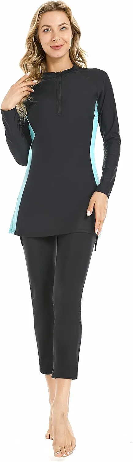 Modest Muslim Swimwear Full Coverage Islamic Burkini Set Long Sleeve Swimsuits with Hijab and Pants for Women