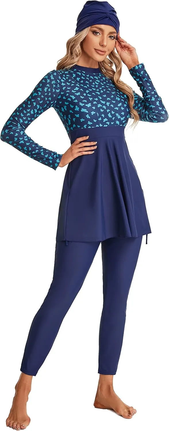 Modest Muslim Swimwear Full Coverage Islamic Burkini Set Long Sleeve Swimsuits with Hijab and Pants for Women