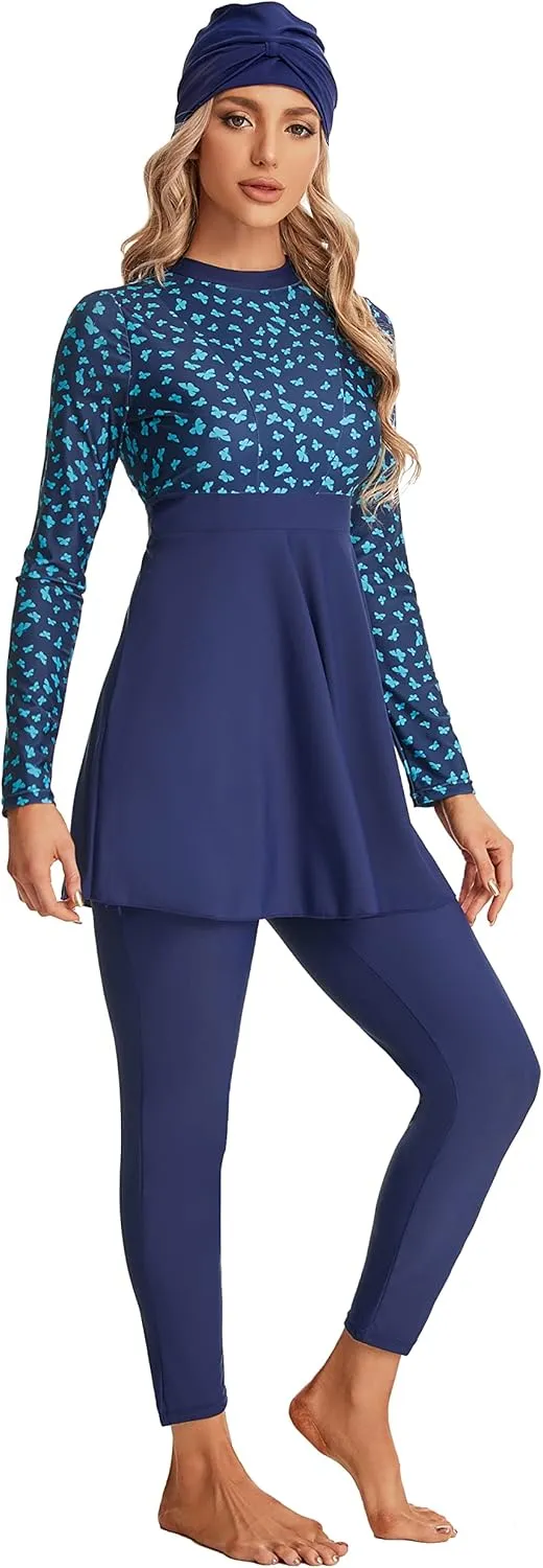 Modest Muslim Swimwear Full Coverage Islamic Burkini Set Long Sleeve Swimsuits with Hijab and Pants for Women