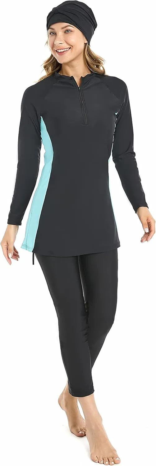 Modest Muslim Swimwear Full Coverage Islamic Burkini Set Long Sleeve Swimsuits with Hijab and Pants for Women