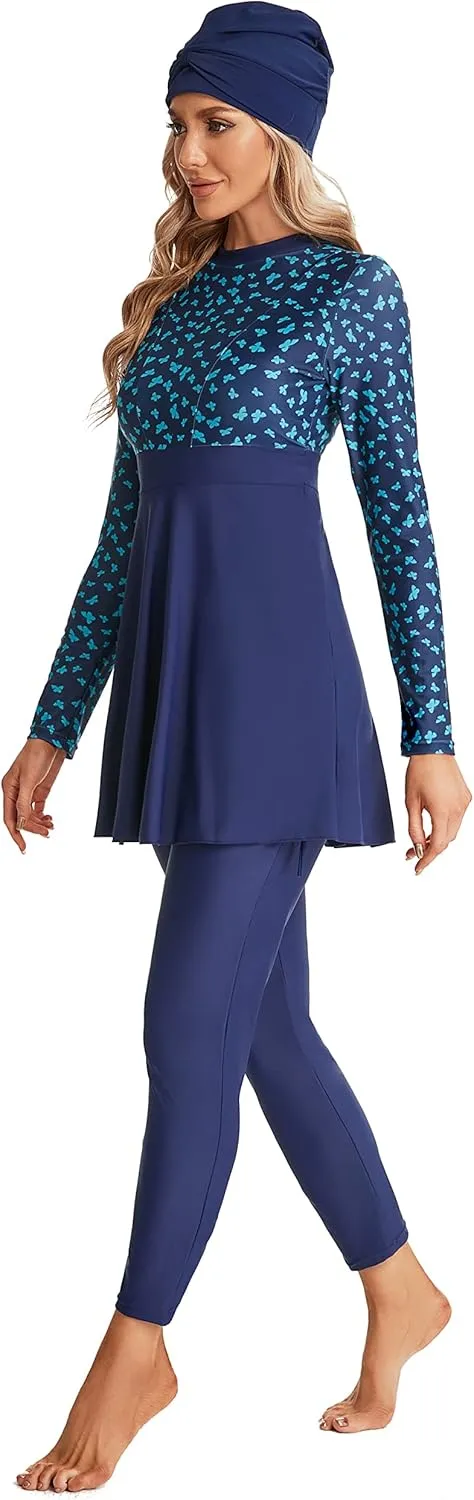 Modest Muslim Swimwear Full Coverage Islamic Burkini Set Long Sleeve Swimsuits with Hijab and Pants for Women