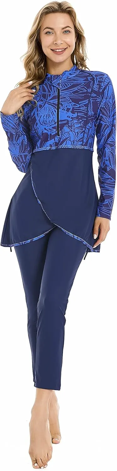 Modest Muslim Swimwear Full Coverage Islamic Burkini Set Long Sleeve Swimsuits with Hijab and Pants for Women