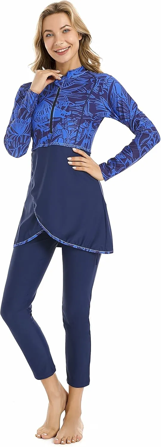 Modest Muslim Swimwear Full Coverage Islamic Burkini Set Long Sleeve Swimsuits with Hijab and Pants for Women