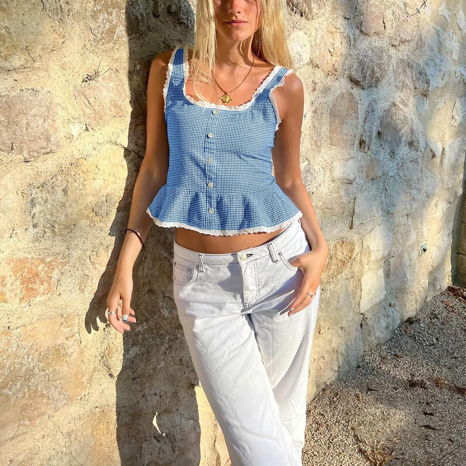Mxiqqpltky Women Y2K Lace Trim Tank Tops Cute Tie Front Sleeveless Square Neck Button Crop Tops Sexy Plaid Slim Ruffle Vest