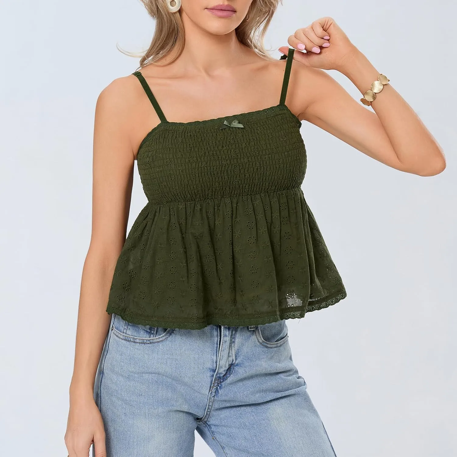 Mxiqqpltky Women Y2k Plaid Babydoll Tank Top Summer Spaghetti Strap Square Neck Ruffle Camisole Cute Flowy Hem Peplum Shirts