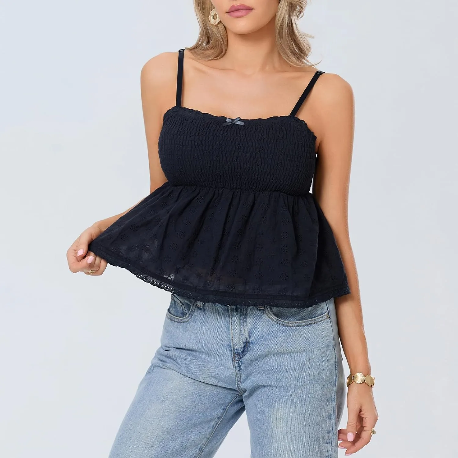 Mxiqqpltky Women Y2k Plaid Babydoll Tank Top Summer Spaghetti Strap Square Neck Ruffle Camisole Cute Flowy Hem Peplum Shirts