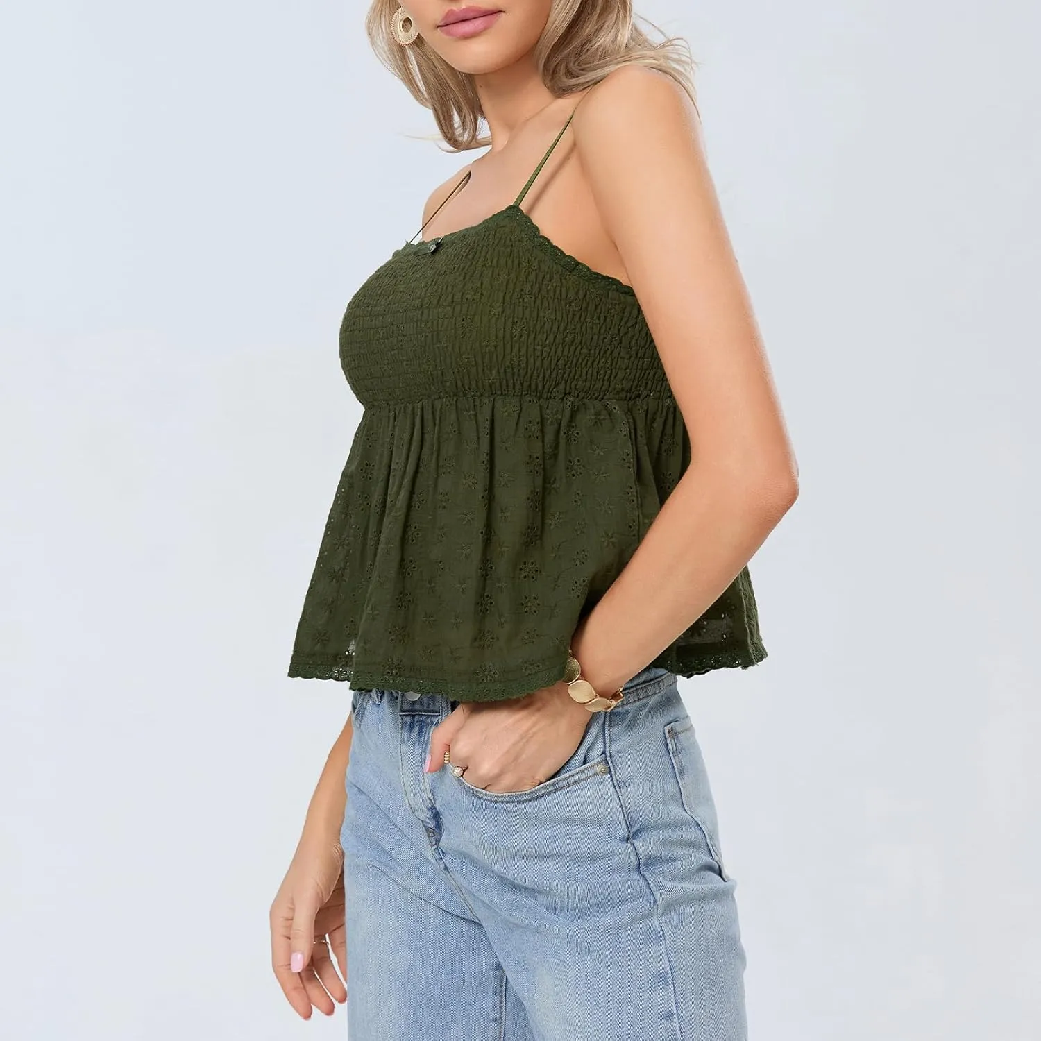 Mxiqqpltky Women Y2k Plaid Babydoll Tank Top Summer Spaghetti Strap Square Neck Ruffle Camisole Cute Flowy Hem Peplum Shirts