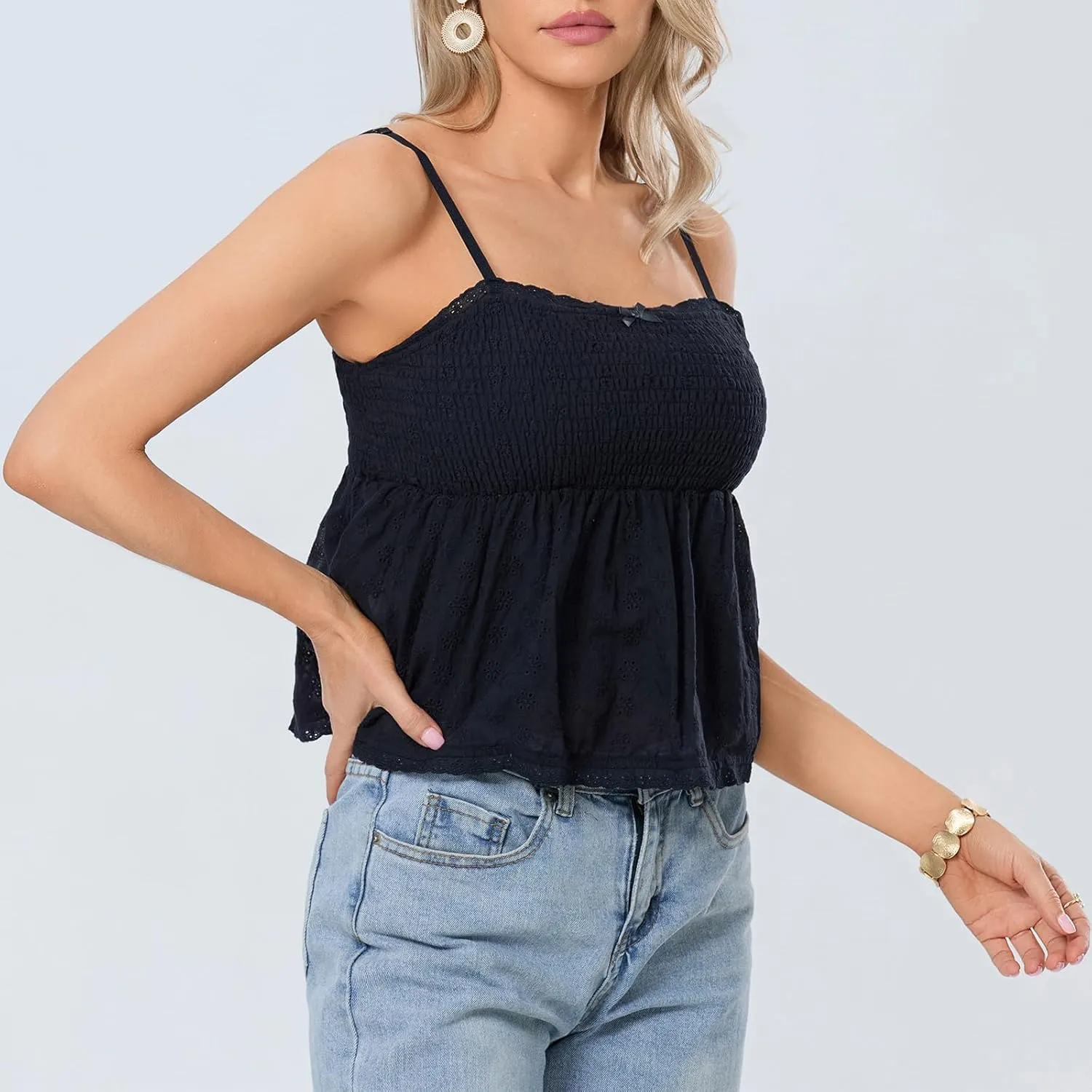 Mxiqqpltky Women Y2k Plaid Babydoll Tank Top Summer Spaghetti Strap Square Neck Ruffle Camisole Cute Flowy Hem Peplum Shirts