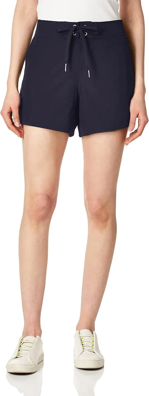 Nautica Women's Standard Solid 4.5" Core Stretch Quick Dry Board Short Swimsuit Bottom Adjustable Drawstring Waistband Cord