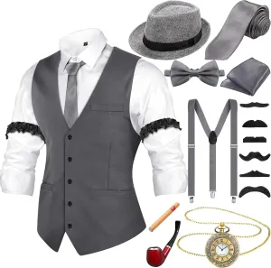 Neer 1920s Mens Costume Accessories Outfit with Gangster Vest Fedora Hat Vintage Pocket Watch Bow Tie Suspenders Accessories