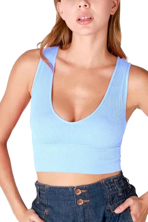 NIKIBIKI Women Seamless Plunge V-Neck Ribbed Crop Top, Made in U.S.A, One Size