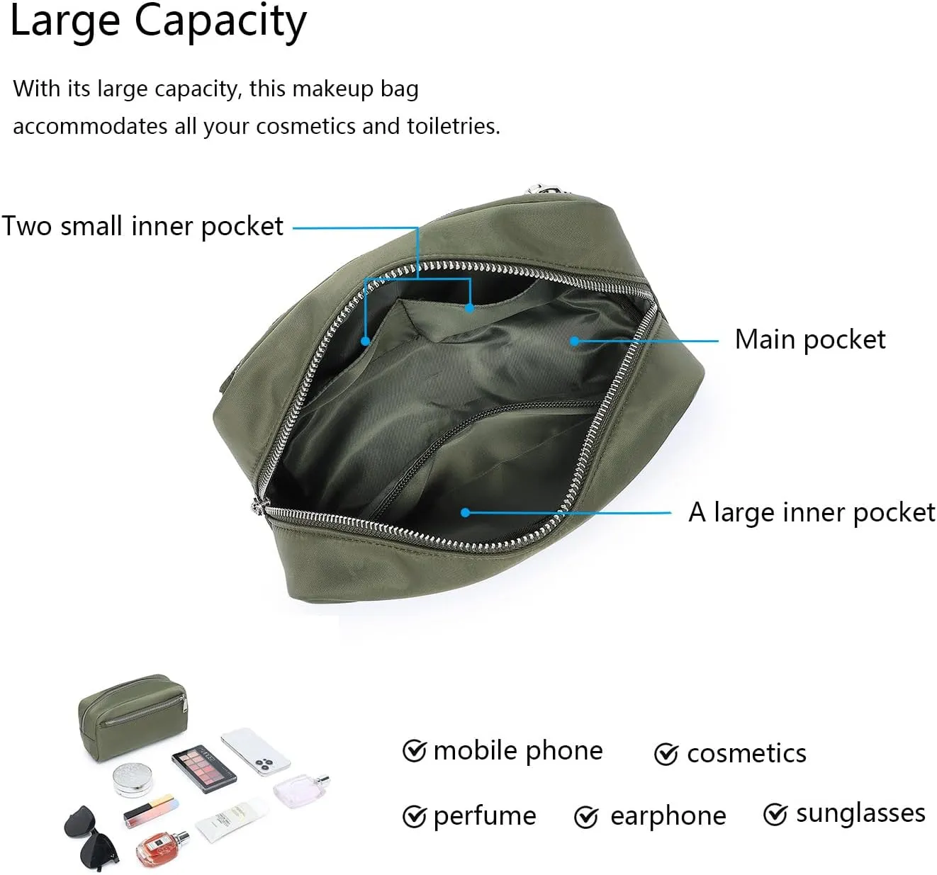 Nylon Female cosmetic bags Canvas toiletry bags Wash bags with large capacity Simple design (Nylon/Army Green)