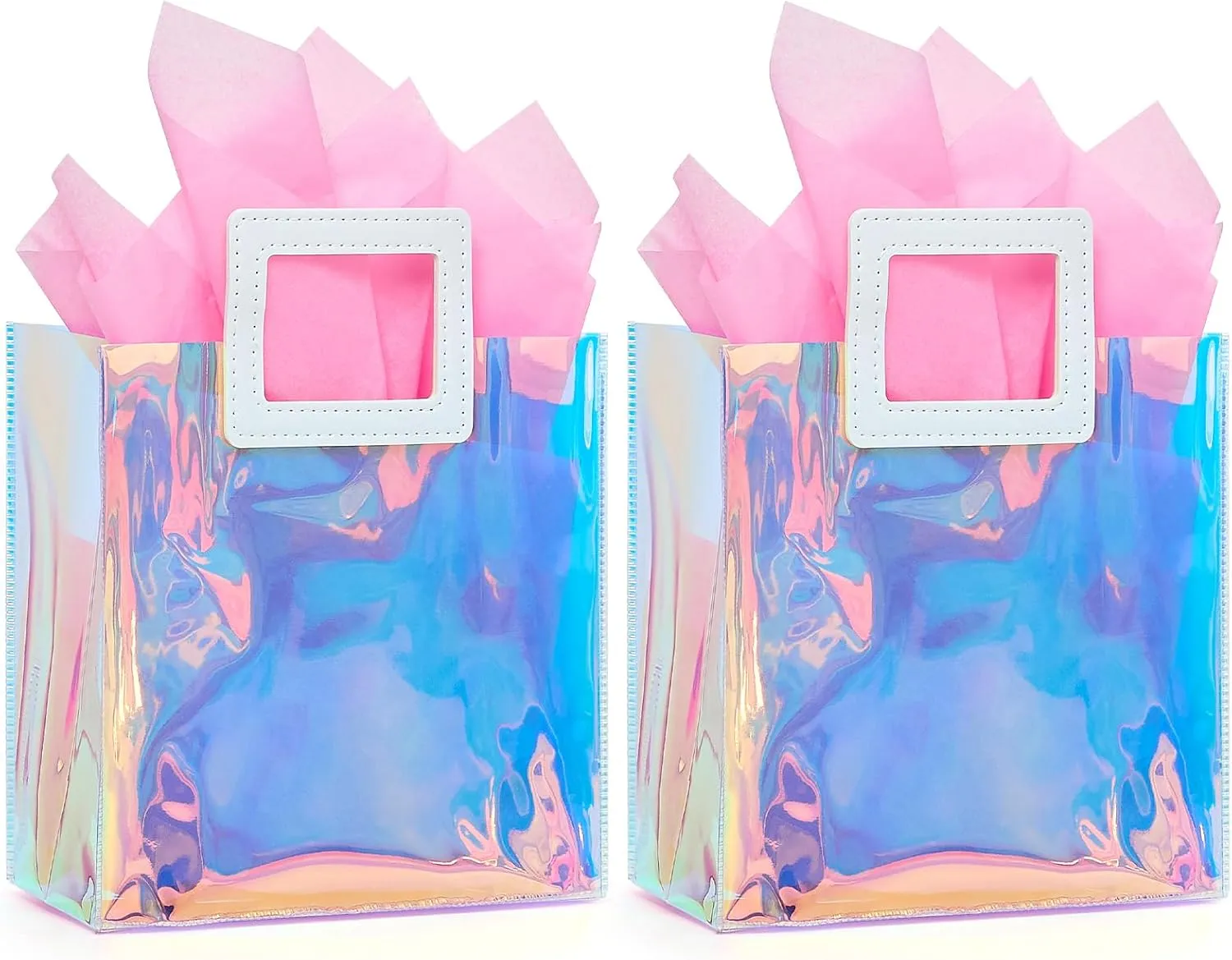 Ohuimrt 2 Pack Holographic Small Gift Bags with Tissue Paper, 7.9 x 8.3 x 3.9 Inch Reusable Birthday Gift Bags for Women Girls Iridescent Bachelorette Party Favor Bags with Handles