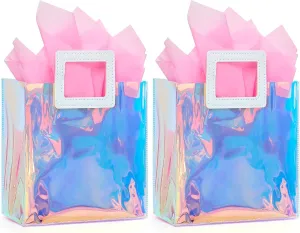 Ohuimrt 2 Pack Holographic Small Gift Bags with Tissue Paper, 7.9 x 8.3 x 3.9 Inch Reusable Birthday Gift Bags for Women Girls Iridescent Bachelorette Party Favor Bags with Handles