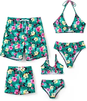 PATPAT Family Matching Summer Swimsuits, Two Piece Bathing Suits Tropical Plant Floral Print Swim Trunks Shorts
