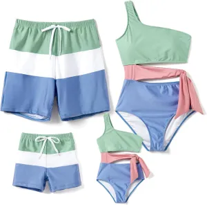 PATPAT Family Matching Swimsuits Mommy and Me One Shoulder Cutout Colorblock Bathing Suits One Piece Swimwear Sets