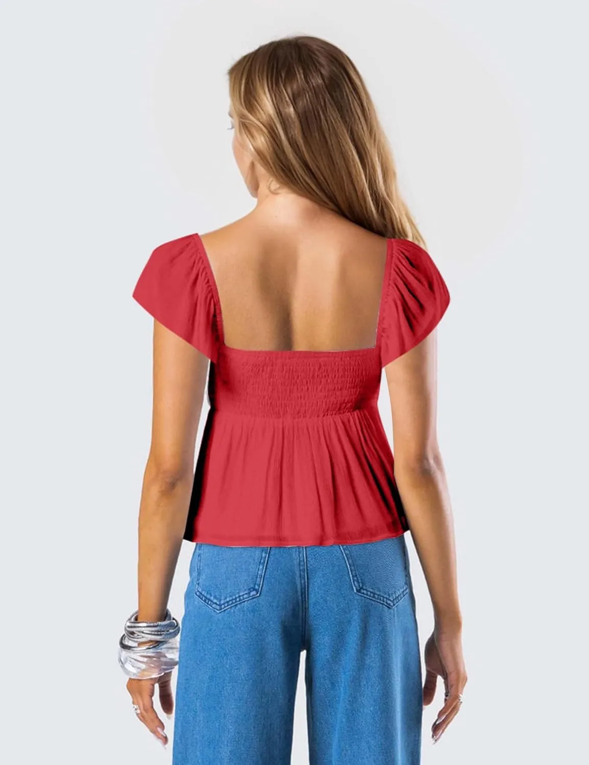 Peplum Tank Tops for Women Flutter Ruffle Short Sleeve Sweetheart Neck Cute Flowy Smocked Back Babydoll Tank Tops