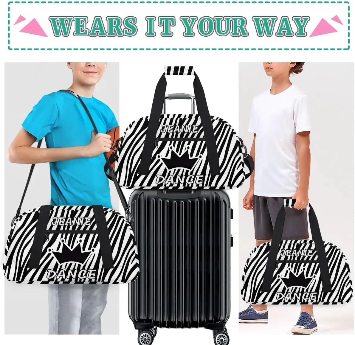 Personalize Kids Dance Duffel Bags with Custom Name & Text Sport Carry-On Garment Shoes Bags Gift for Girls Boys Teens Overnight Weekender Travel Leopard Print 2