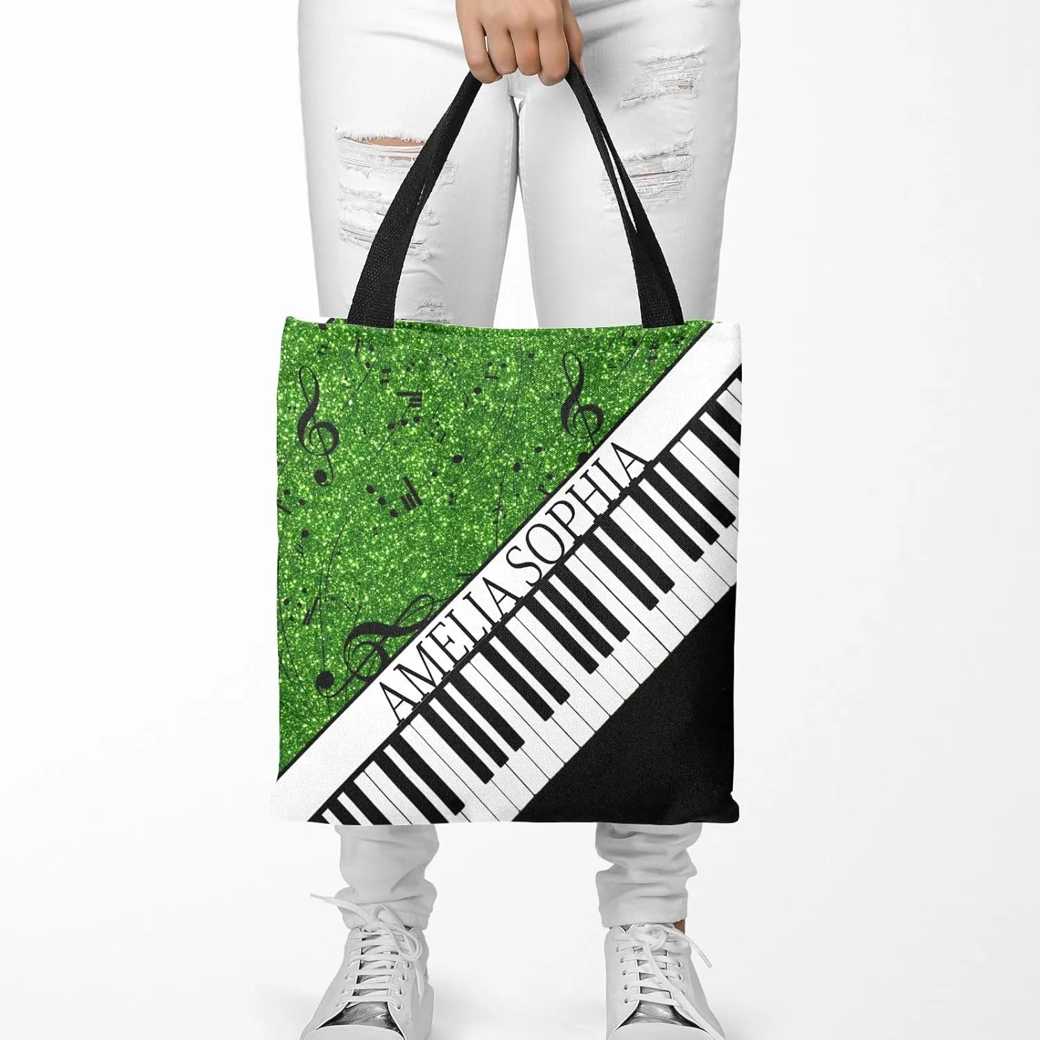 Personalized Name Ocean Glitter Music Note Piano Handbag Gift Bags Christmas Treat Bags for Holiday Party Gift Bags