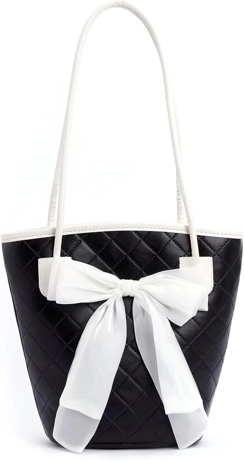 PU Leather Purse for Womens Handbag Top Handle Shoulder Bag Tote Bucket Bag Bow Bag Black HDJ03