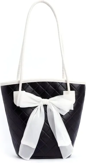 PU Leather Purse for Womens Handbag Top Handle Shoulder Bag Tote Bucket Bag Bow Bag Black HDJ03