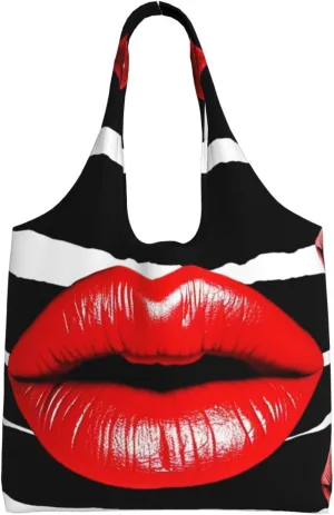 Red Lips Kiss Canvas Tote Bag Aesthetic Large Shoulder Bags Reusable Shopping Bags for Women Grocery Bag Purse