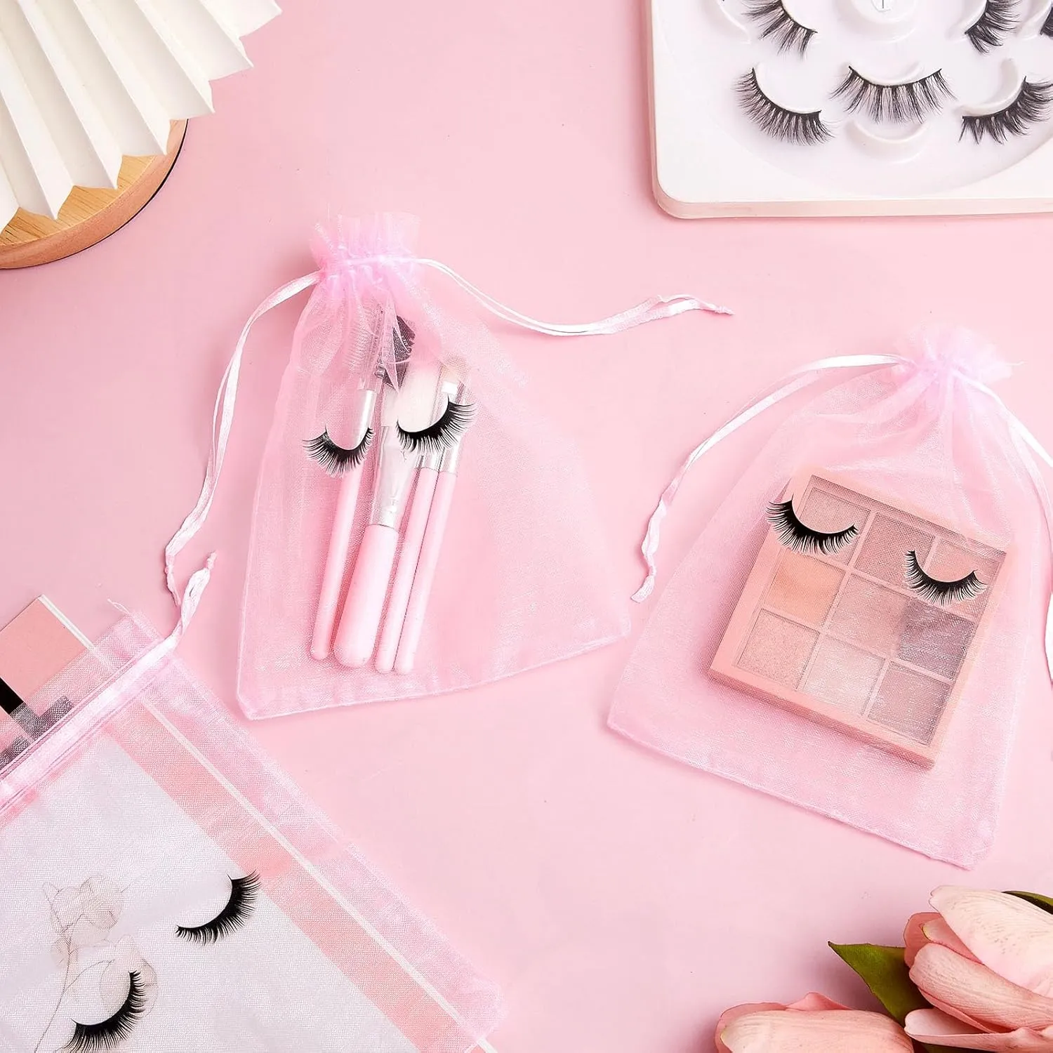 Reginary 100 Pcs Eyelash Aftercare Bags Eye Lash Print Makeup Bags Empty Beauty Gift Women Drawstring Cosmetic Organza Pouch for Makeup Jewelry Supplies(7 x 5 Inch,Pink Plus Black)