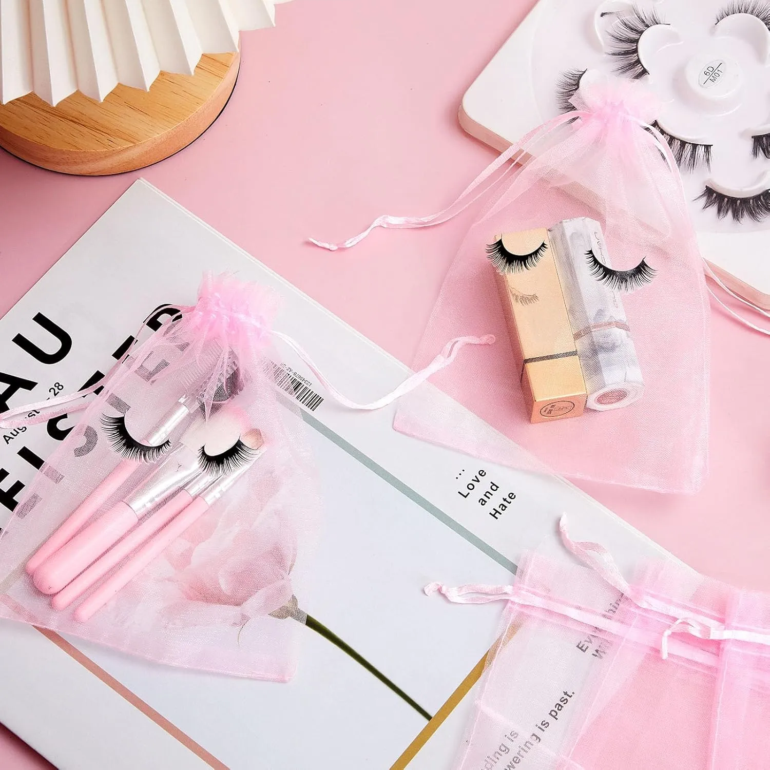 Reginary 100 Pcs Eyelash Aftercare Bags Eye Lash Print Makeup Bags Empty Beauty Gift Women Drawstring Cosmetic Organza Pouch for Makeup Jewelry Supplies(7 x 5 Inch,Pink Plus Black)