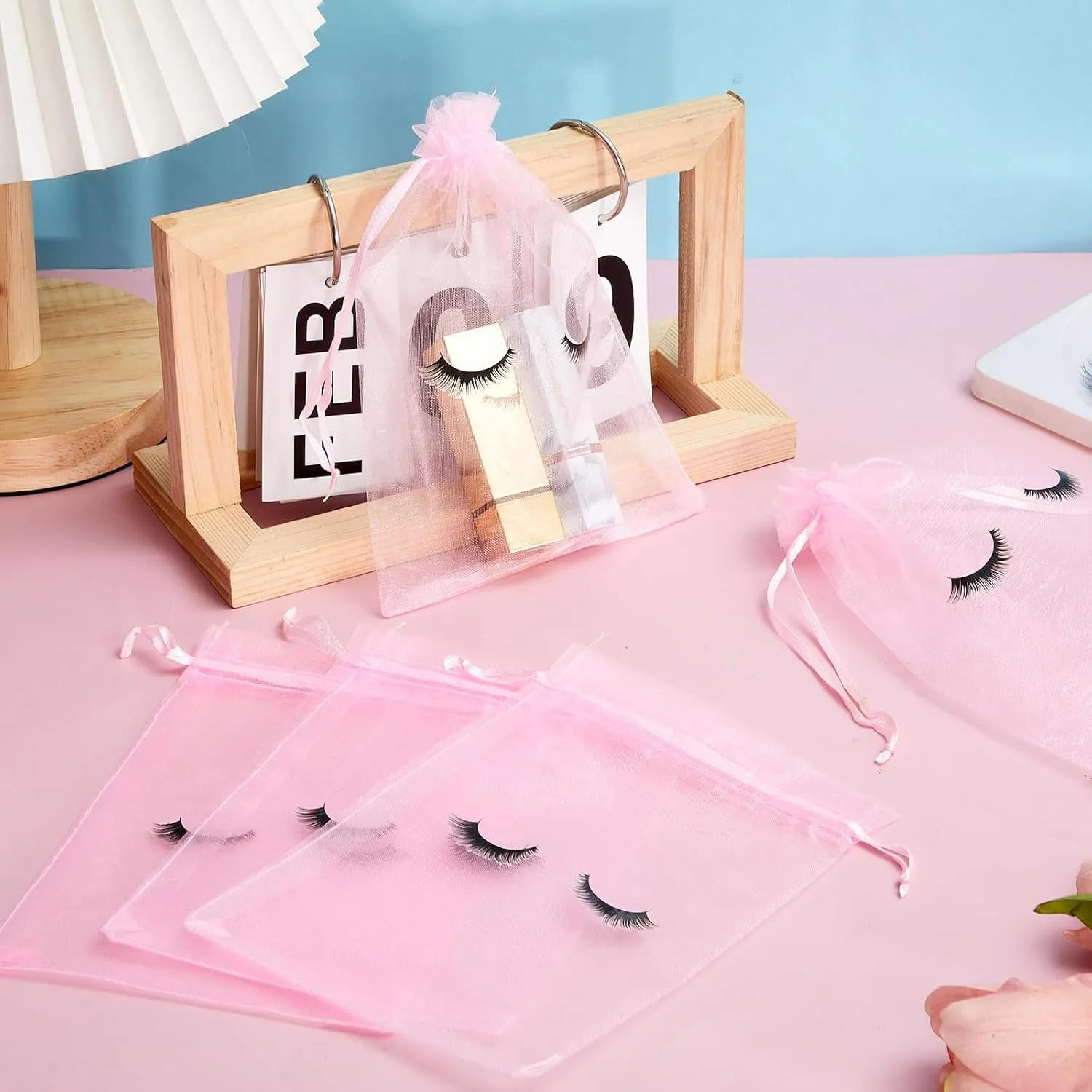 Reginary 100 Pcs Eyelash Aftercare Bags Eye Lash Print Makeup Bags Empty Beauty Gift Women Drawstring Cosmetic Organza Pouch for Makeup Jewelry Supplies(7 x 5 Inch,Pink Plus Black)