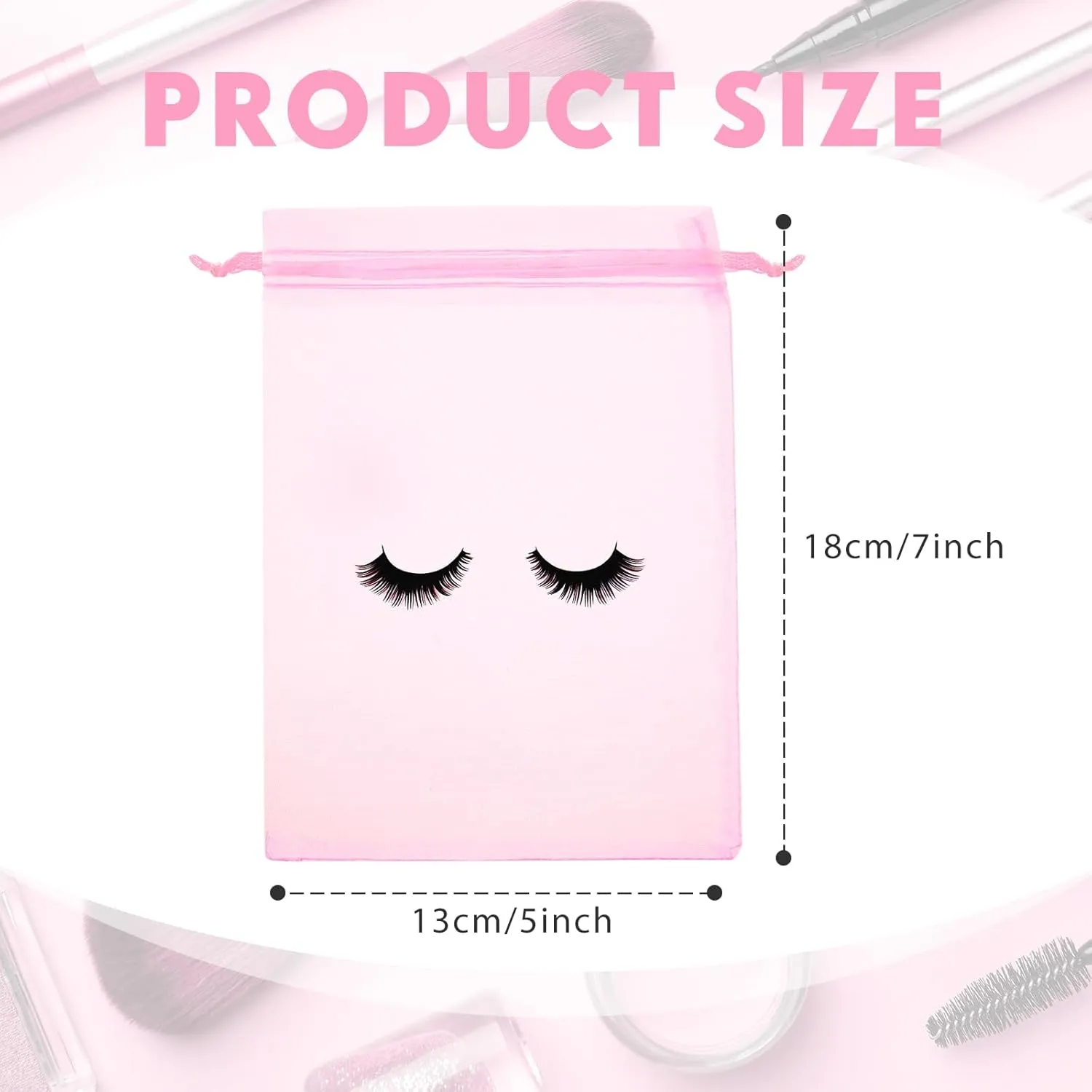 Reginary 100 Pcs Eyelash Aftercare Bags Eye Lash Print Makeup Bags Empty Beauty Gift Women Drawstring Cosmetic Organza Pouch for Makeup Jewelry Supplies(7 x 5 Inch,Pink Plus Black)