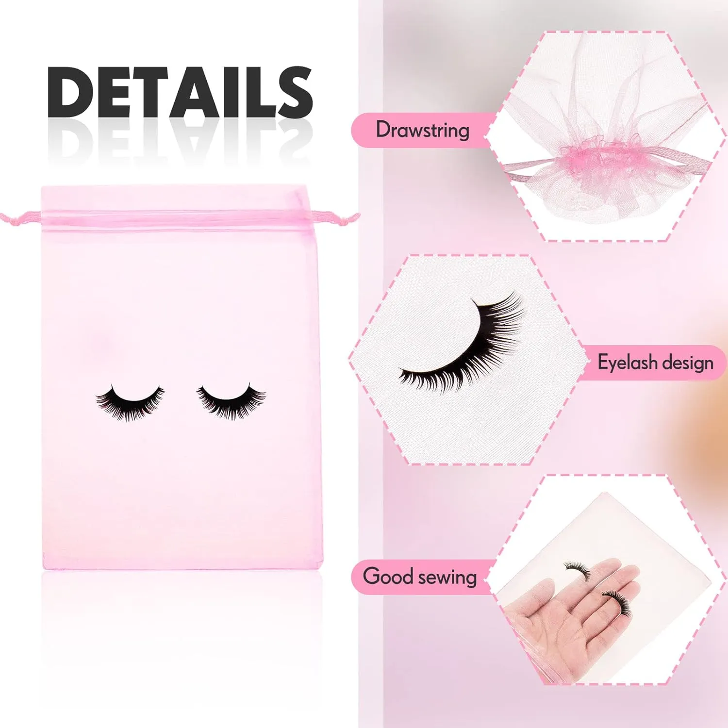 Reginary 100 Pcs Eyelash Aftercare Bags Eye Lash Print Makeup Bags Empty Beauty Gift Women Drawstring Cosmetic Organza Pouch for Makeup Jewelry Supplies(7 x 5 Inch,Pink Plus Black)