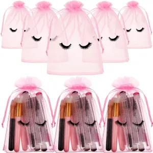 Reginary 100 Pcs Eyelash Aftercare Bags Eye Lash Print Makeup Bags Empty Beauty Gift Women Drawstring Cosmetic Organza Pouch for Makeup Jewelry Supplies(7 x 5 Inch,Pink Plus Black)
