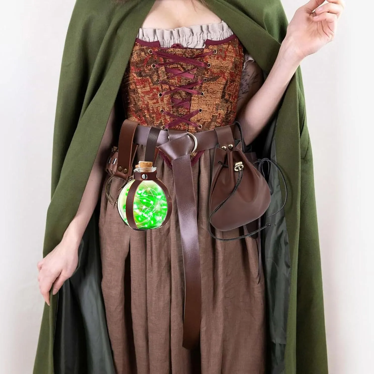 Renaissance Costume Accessories Belt Pouch Potion Bottles Leather Holder Medieval Festival Halloween Costume Belt Waist Set (Bottle-Brown)
