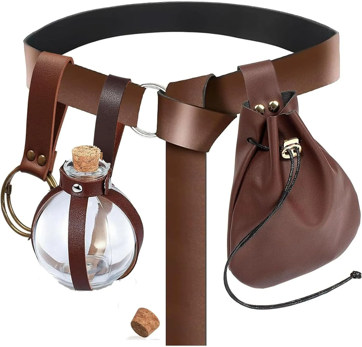 Renaissance Costume Accessories Belt Pouch Potion Bottles Leather Holder Medieval Festival Halloween Costume Belt Waist Set (Bottle-Brown)