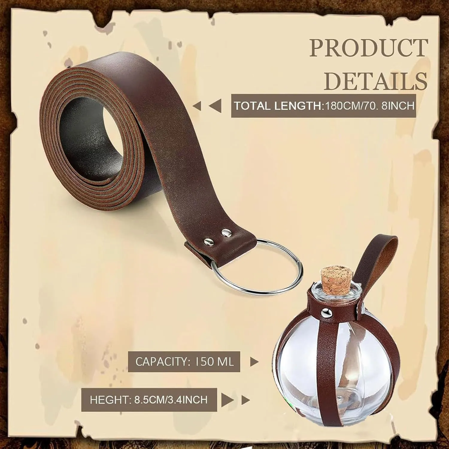 Renaissance Costume Accessories Belt Pouch Potion Bottles Leather Holder Medieval Festival Halloween Costume Belt Waist Set (Bottle-Brown)