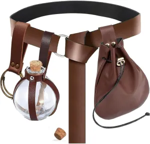 Renaissance Costume Accessories Belt Pouch Potion Bottles Leather Holder Medieval Festival Halloween Costume Belt Waist Set (Bottle-Brown)