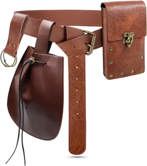 Renaissance Waist Belt Pouch,Medieval Viking Bag Leather Belt Skirt Hikes Set for LARP Halloween Costume Cosplay(Brown)