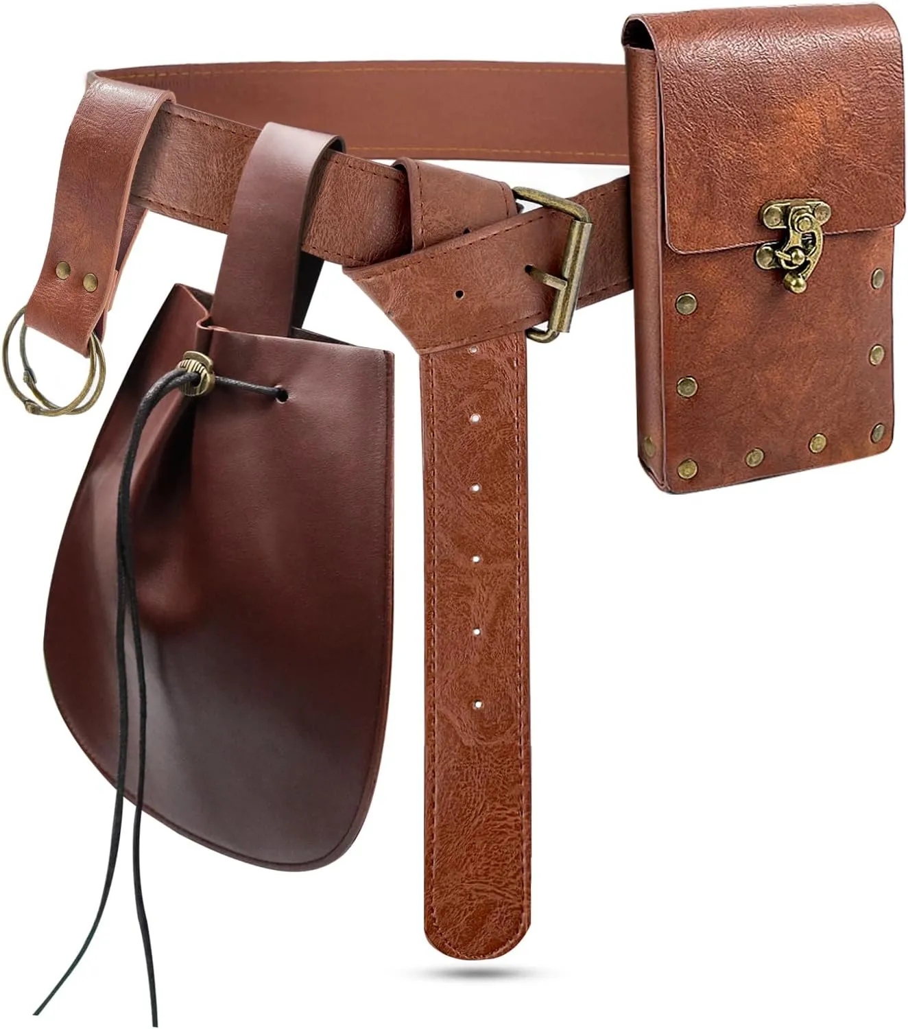 Renaissance Waist Belt Pouch,Medieval Viking Bag Leather Belt Skirt Hikes Set for LARP Halloween Costume Cosplay(Brown)