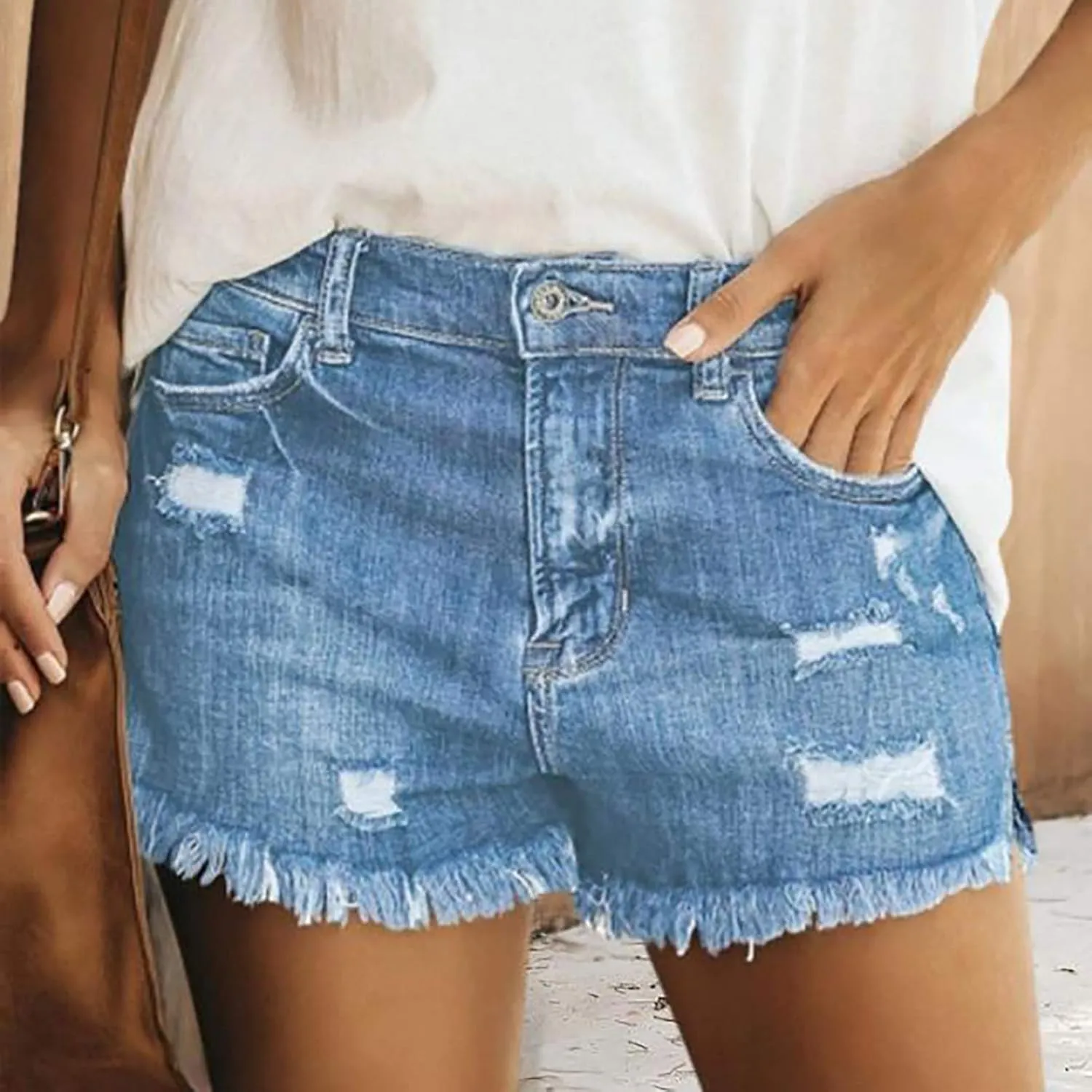 Ripped Jean Shorts Women High Waisted Summer Wide Straight Leg Denim Short Pants Relaxed Fit Shorts with Pockets
