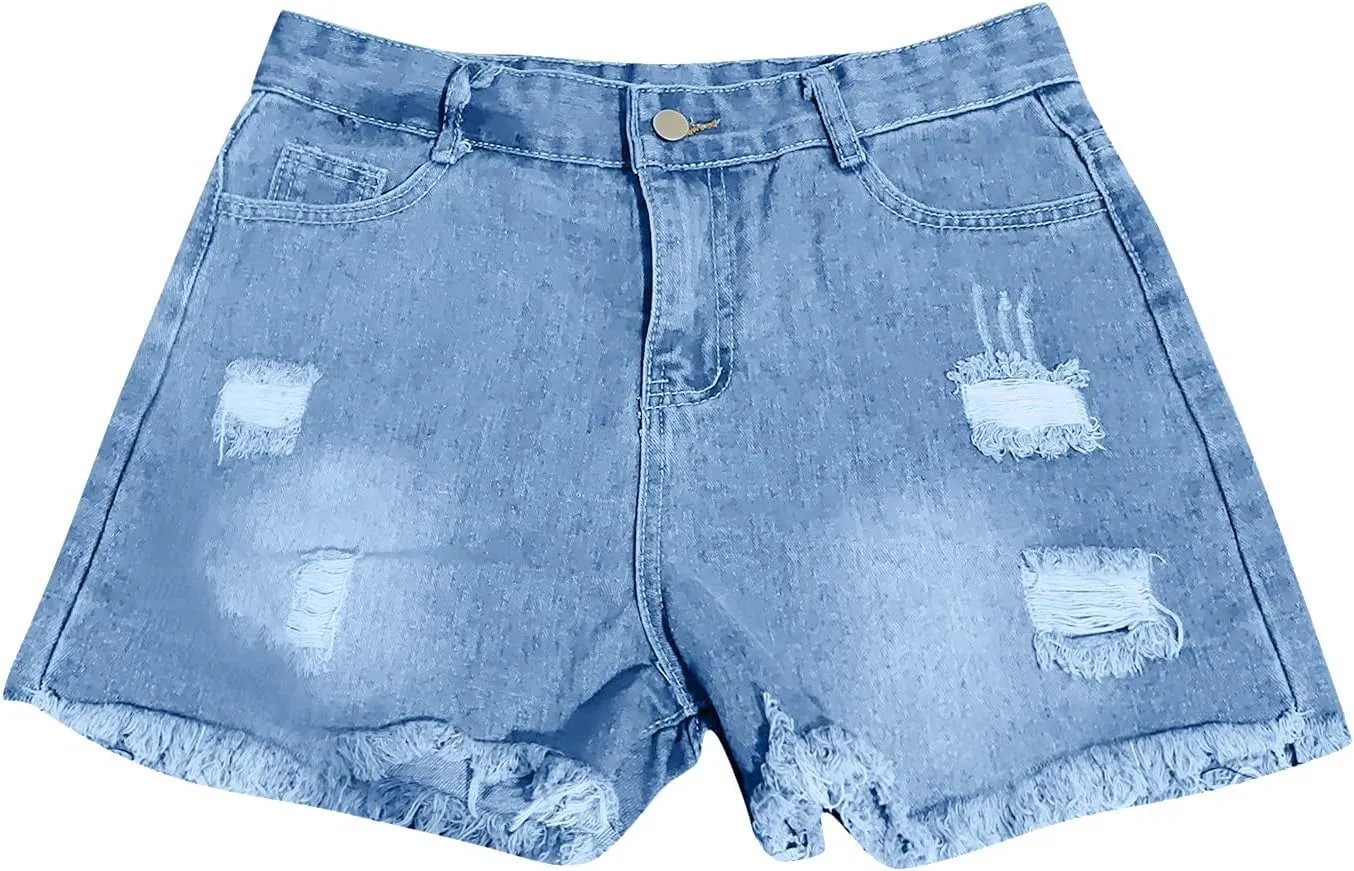 Ripped Jean Shorts Women High Waisted Summer Wide Straight Leg Denim Short Pants Relaxed Fit Shorts with Pockets